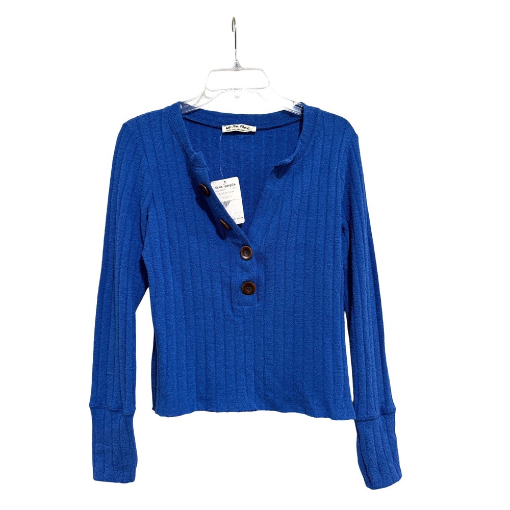 Free People We The Free Sailor Blue Ribbed Henley Top OB1089294 Womens Small NEW